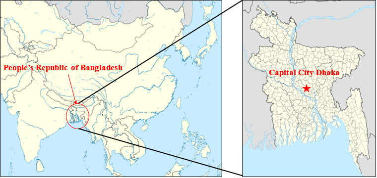 Location of the People's Republic of Bangladesh and its capital city Dhaka