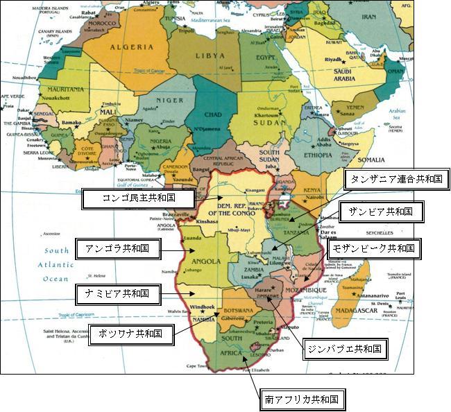 南部アフリカパワープール（注1）に加盟している9ヶ国の図