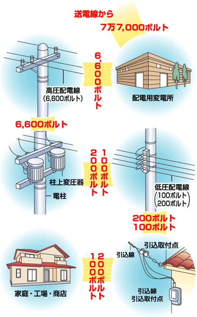 送電線から7万7,000ボルト、配電用変電所から6,600ボルト、高圧配電線（6,600ボルト）、柱上変圧器から100ボルト、200ボルト、低圧配電線（100ボルト、200ボルト）、引込線から引込取付点から100ボルト、200ボルトで、家庭・工場・商店に届きます。