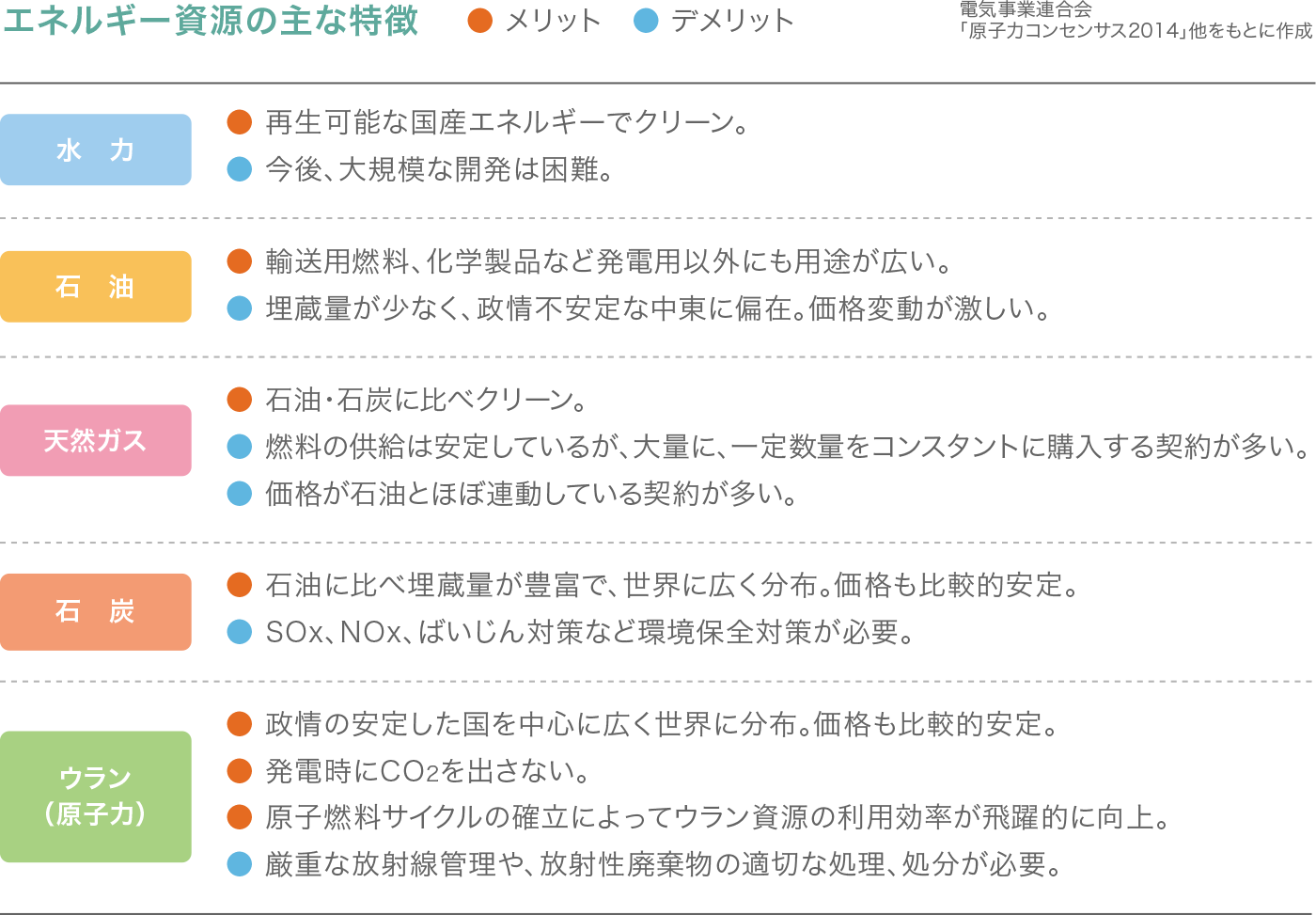 エネルギー資源の主な特徴