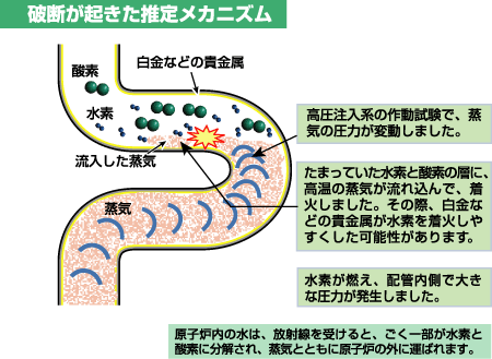 破断が起きた推定メカニズム。高圧注入系の作動試験で、蒸気の圧力が変動しました。たまっていた水素と酸素の層に、高温の蒸気が流れ込んで、着火しました。その際、白金などの貴金属が水素を着火しやすくした可能性があります。水素が燃え、配管内側で大きな圧力が発生しました。原子炉内の水は、放射線を受けると、ごく一部が水素と酸素に分解され、蒸気とともに原子炉の外に運ばれます。