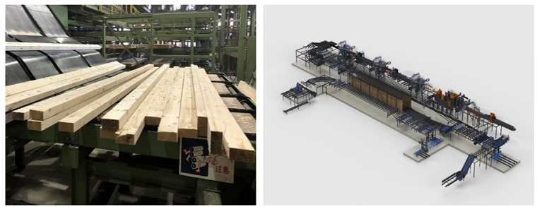 Photos of Todo-fir laminar for laminated wood (main product) and Architectural rendering of lumber mill line