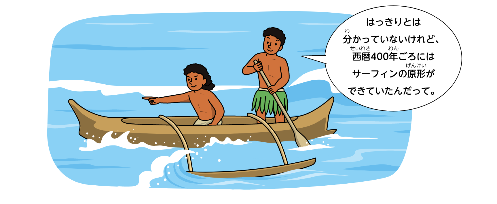 はっきりとは分かっていないけれど、西暦400年ごろにはサーフィンの原形ができていたんだって。