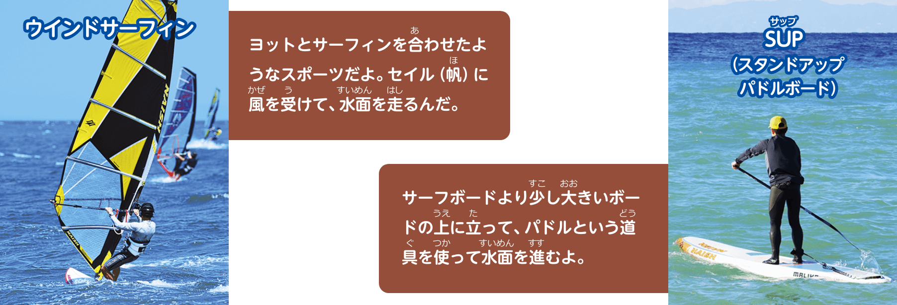 ウインドサーフィン、ヨットとサーフィンを合わせたようなスポーツだよ。セイル（帆）に風を受けて、水面を走るんだ。SUP（スタンドアップパドルボード）、サーフボードより少し大きいボードの上に立って、 パドルという道具を使って水面を進むよ。