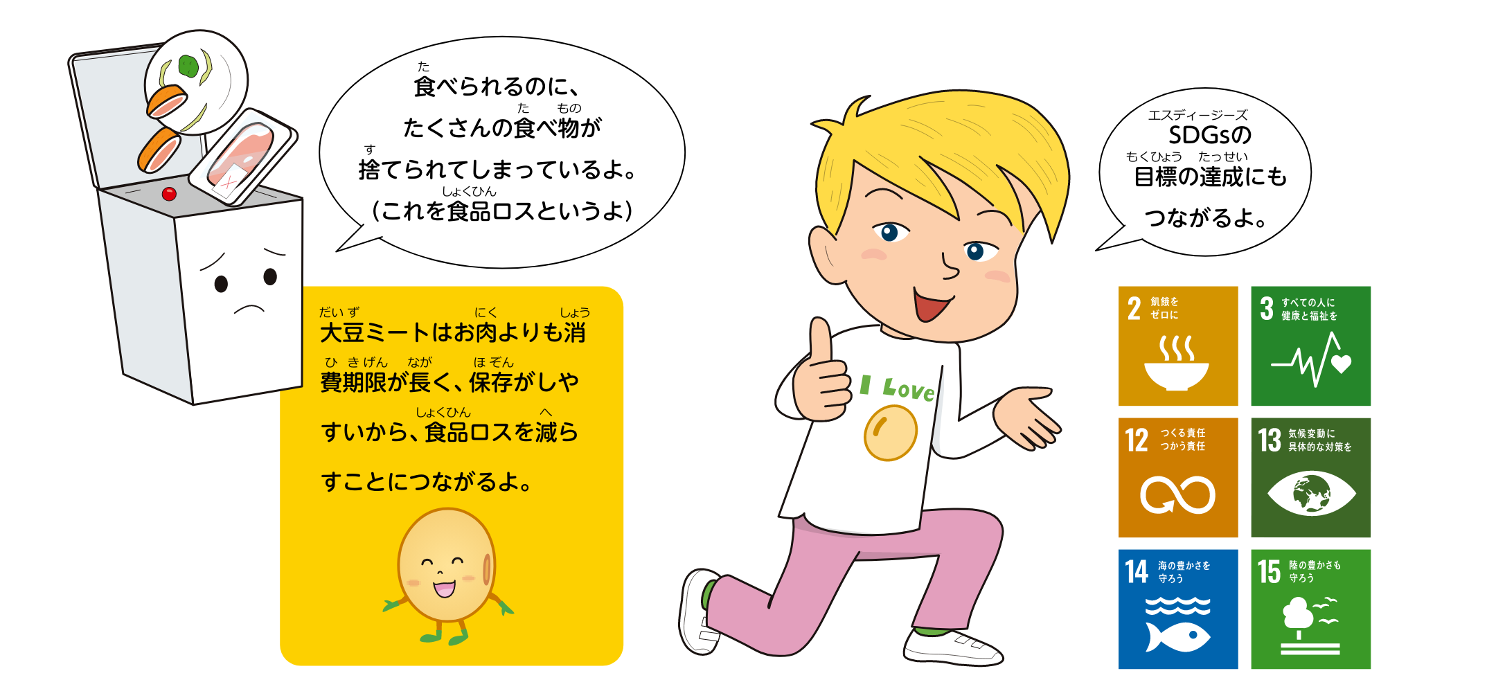 大豆ミートはお肉よりも消費期限が長く、保存がしやすいから、食品ロスを減らすことにつながるよ。