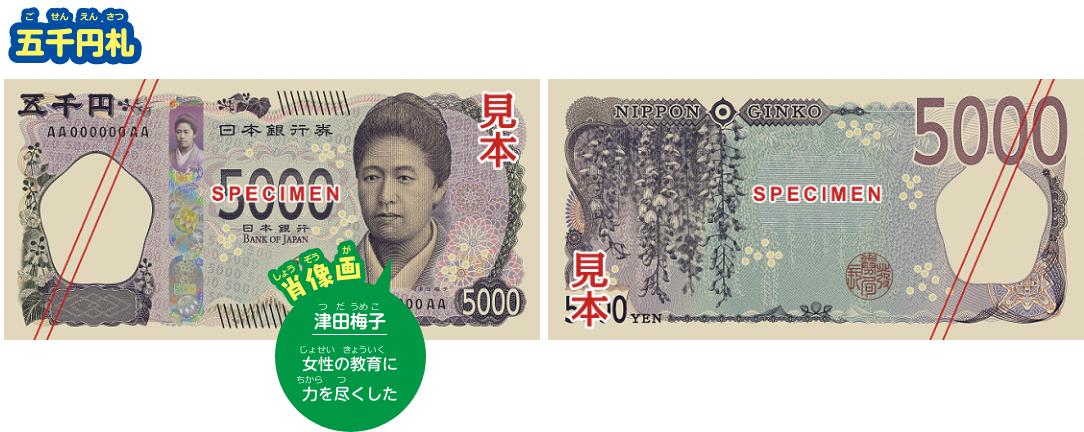 五千円札。肖像画は津田梅子。女性の教育に力を尽くした