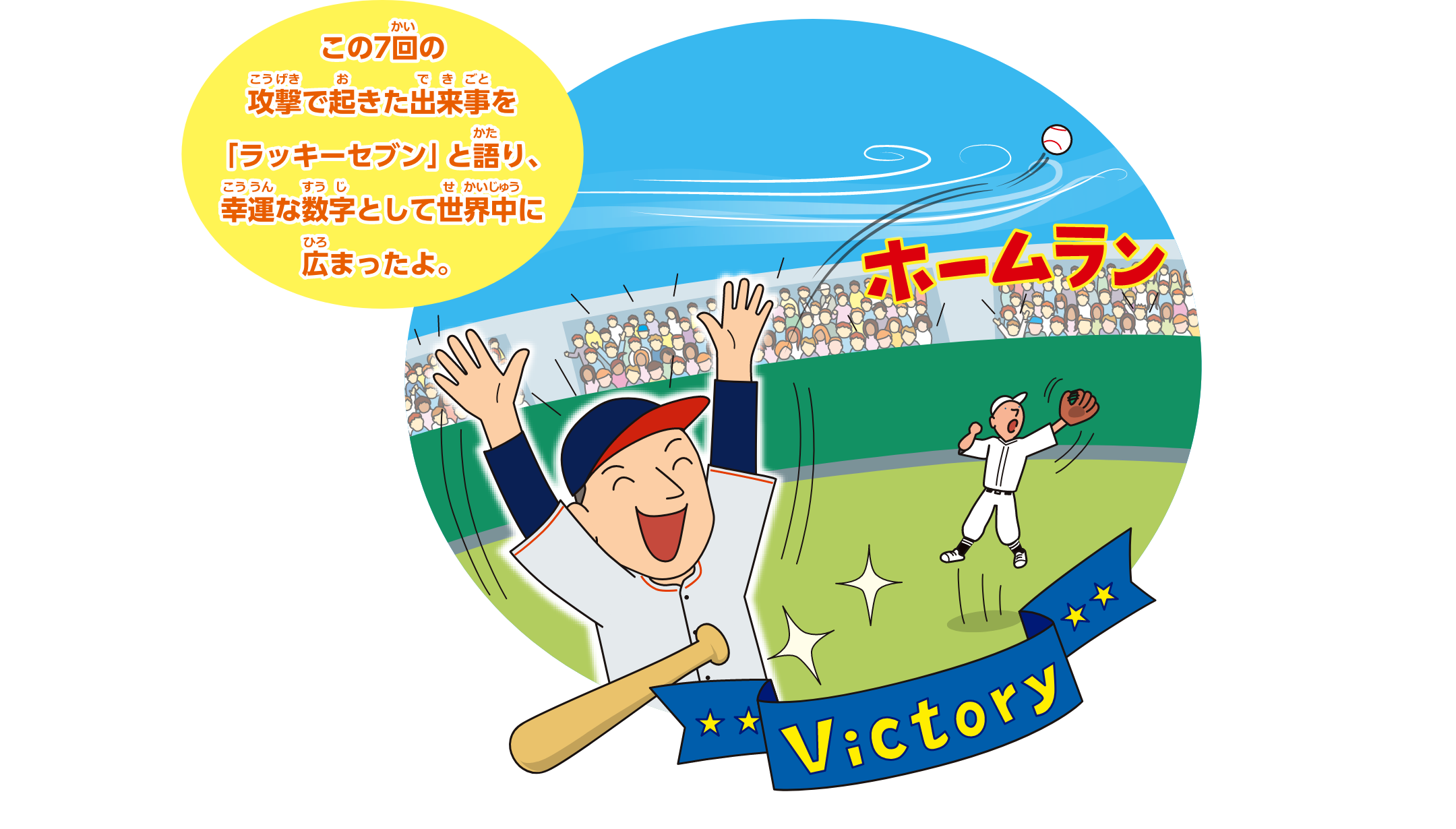 この7回の攻撃で起きた出来事をラッキーセブン」と語り、幸運な数字として世界中に広まったよ。
