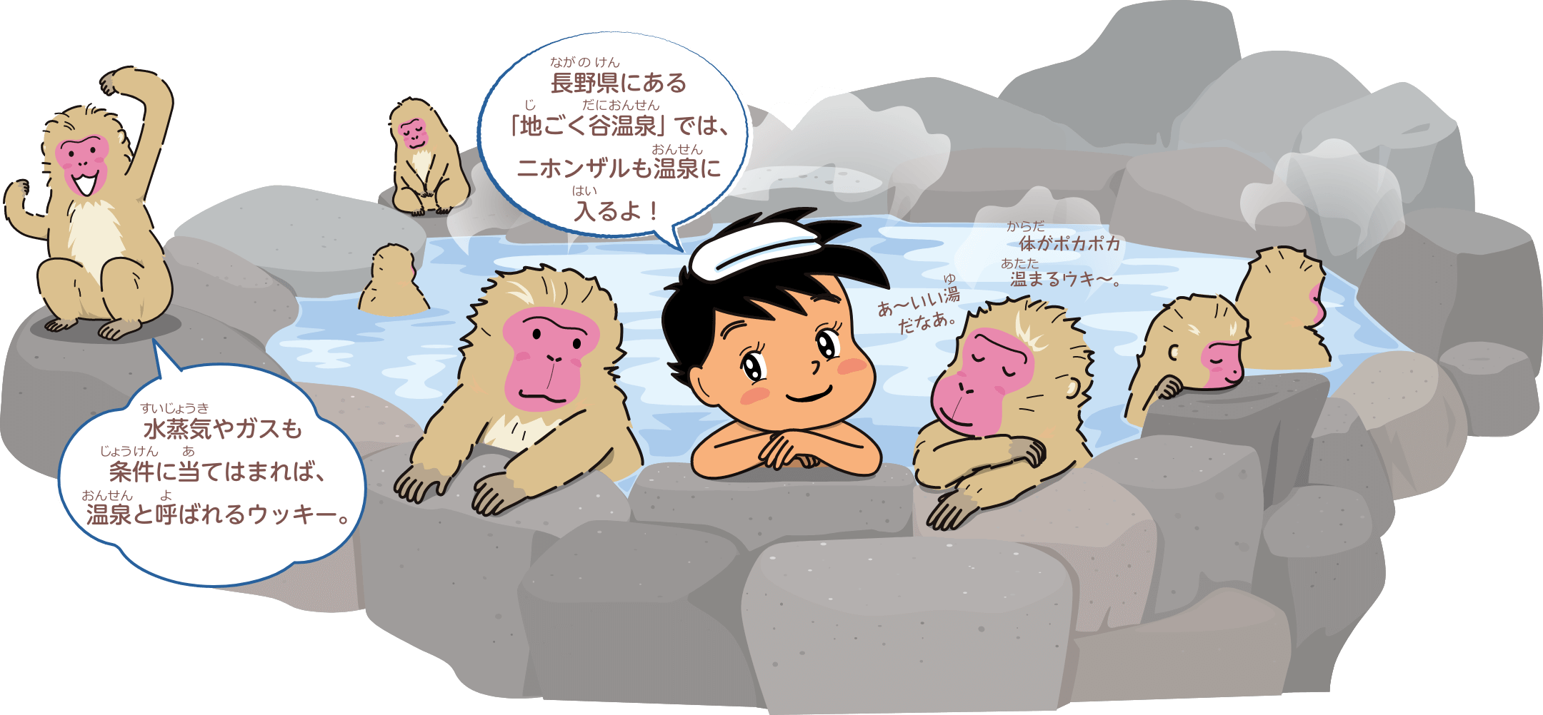 水蒸気やガスも条件に当てはまれば、温泉と呼ばれるウッキー。長野県にある「地ごく谷温泉」では、ニホンザルも温泉に入るよ！