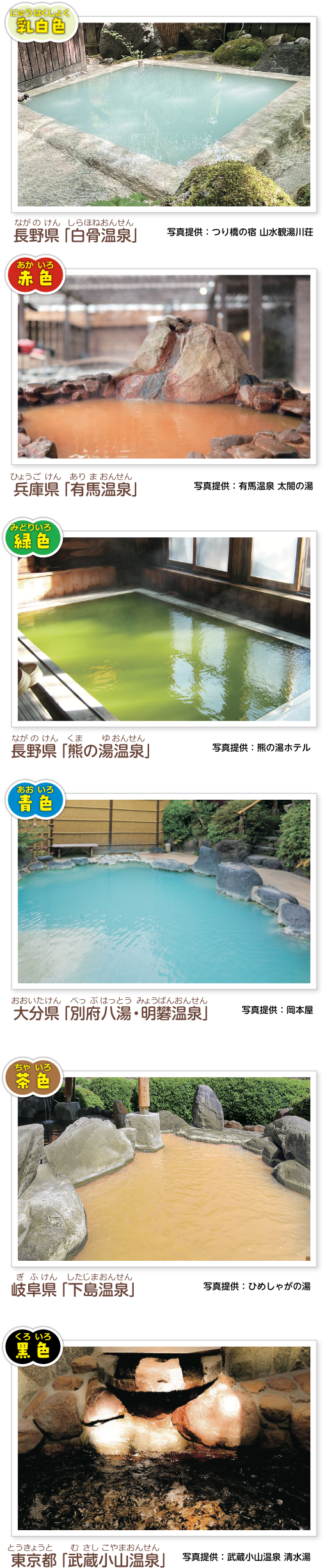 いろんな色の温泉の写真