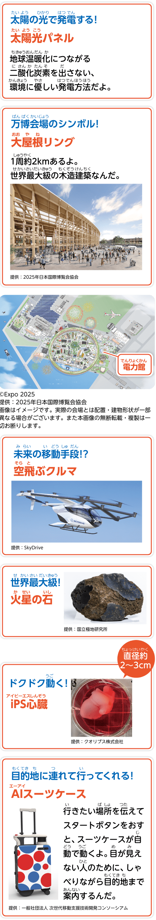 万博会場のシンボル！大屋根リング、1周約2kmあるよ。世界最大級の木造建築なんだ。未来の移動手段！？空飛ぶクルマ。世界最大級！火星の石。ドクドク動く！iPS心臓、直径約２〜3センチ。太陽の光で発電する！太陽光パネル、地球温暖化につながる二酸化炭素を出さない、環境に優しい発電方法だよ。目的地に連れて行ってくれる！AIスーツケース、行きたい場所を伝えてスタートボタンをおすと、スーツケースが自動で動くよ。目が見えない人のために、しゃべりながら目的地まで案内するんだ。