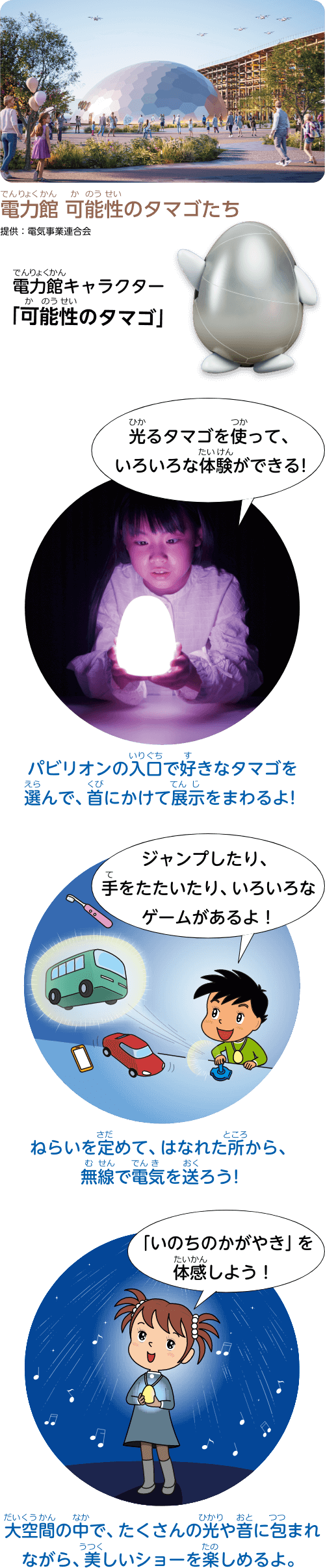 光るタマゴを使って、いろいろな体験ができる！パビリオンの入口で好きなタマゴを選んで、首にかけて展示をまわるよ！ジャンプしたり、手をたたいたり、いろいろなゲームがあるよ！ねらいを定めて、はなれた所から、無線で電気を送ろう！「いのちのかがやき」を体感しよう！大空間の中で、たくさんの光や音に包まれながら、美しいショーを楽しめるよ。