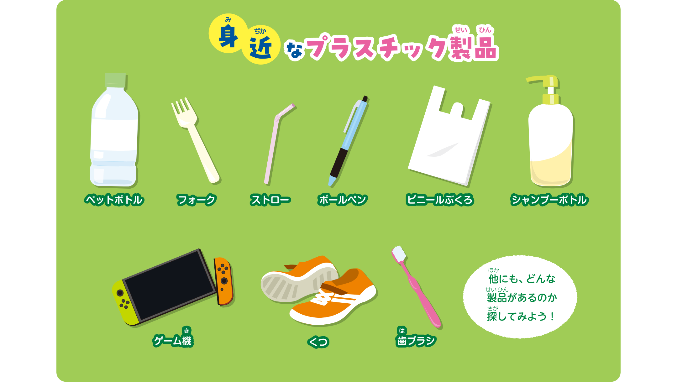 身近なプラスチック製品　ペットボトル、フォーク、ストロー、ボールペン、ビニールぶくろ、ゲーム機、くつ、シャンプーボトル、歯ブラシ