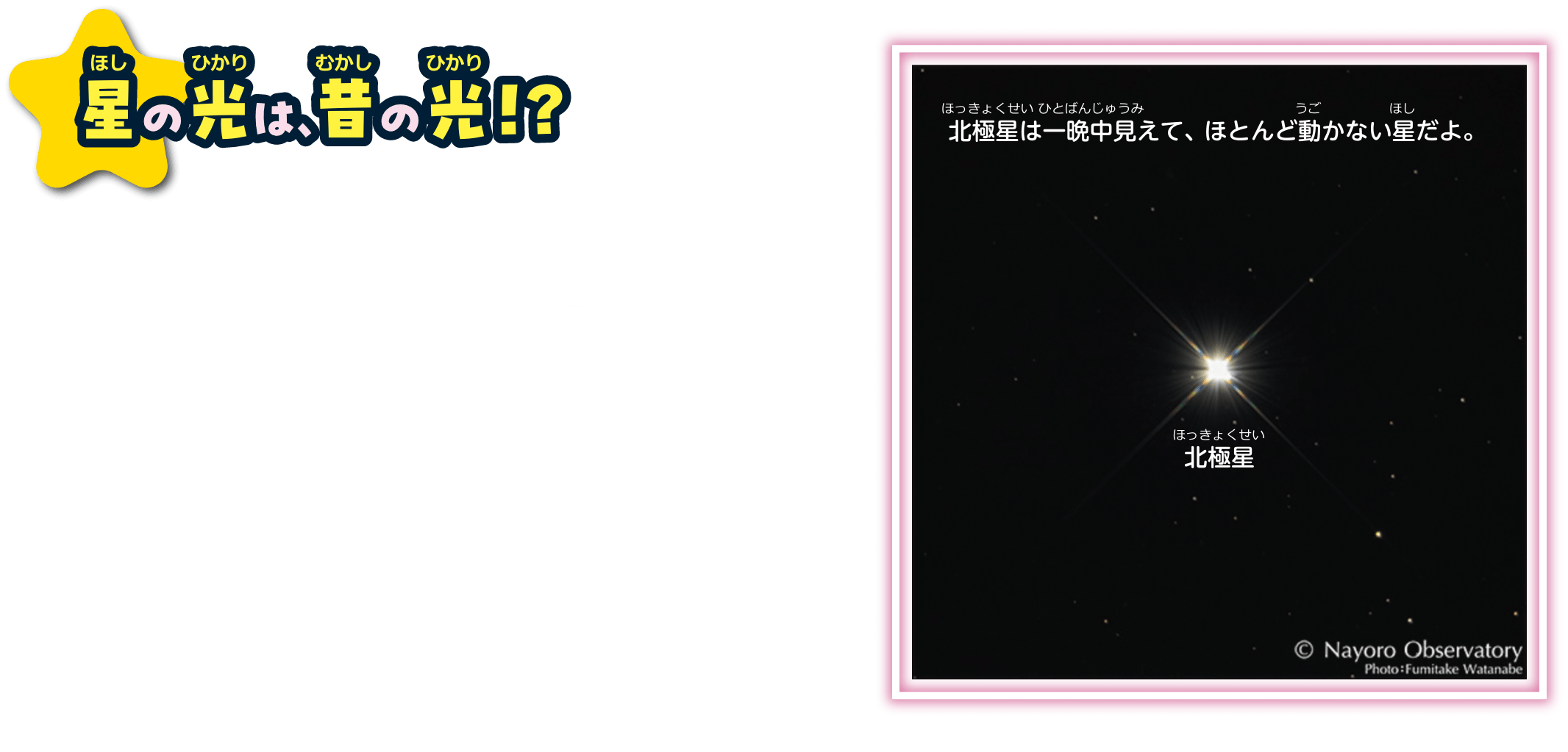 星の光は、昔の光！？ 私たちが見ている星の光は、はるか昔の光だよ。例えば北極星という星の光は、約433年前に出した光が、ようやく地球に届いて見えているんだ。
