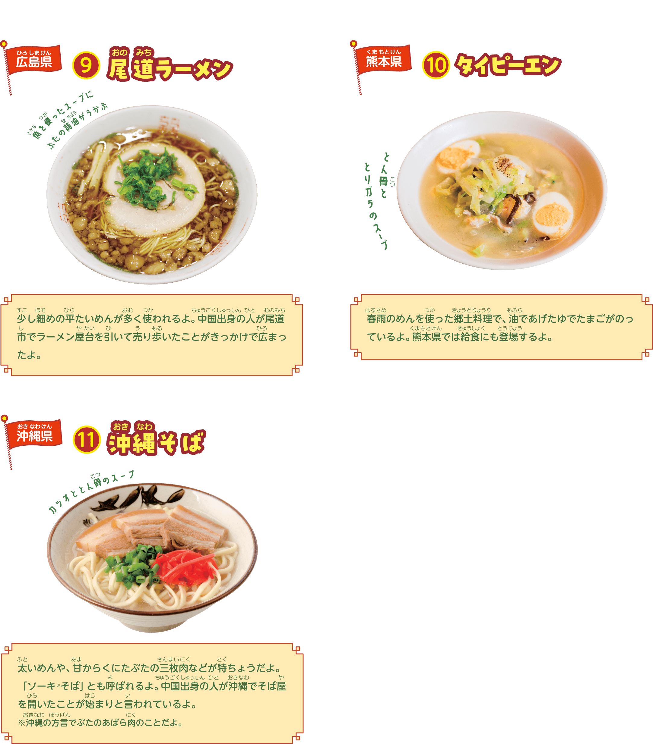 9.長野県：ローメン。1955年ごろ、ある中華料理店の店主が考えたラーメンだよ。飲食店や家に冷蔵庫がない時代だったから、蒸しめんや、塩づけの羊肉など日持ちがする食材が多く使われているよ。スープなしと、スープありのタイプがあるよ。10.静岡県：志太系ラーメン。静岡県でも有数のお茶の産地である藤枝市では、昔からお茶の取引きで朝早くから仕事をする人が多いため、朝から営業するラーメン店が多いよ。だから「朝ラーメン」とも呼ばれるよ。11.北海道：旭川ラーメン。旭川市は昔からぶたの飼育が行われていたことと、各地の特産品を交かんする場になっていたことから、手に入りやすいぶたと、交かんしたにぼしの２つを合わせたスープが誕生したよ。