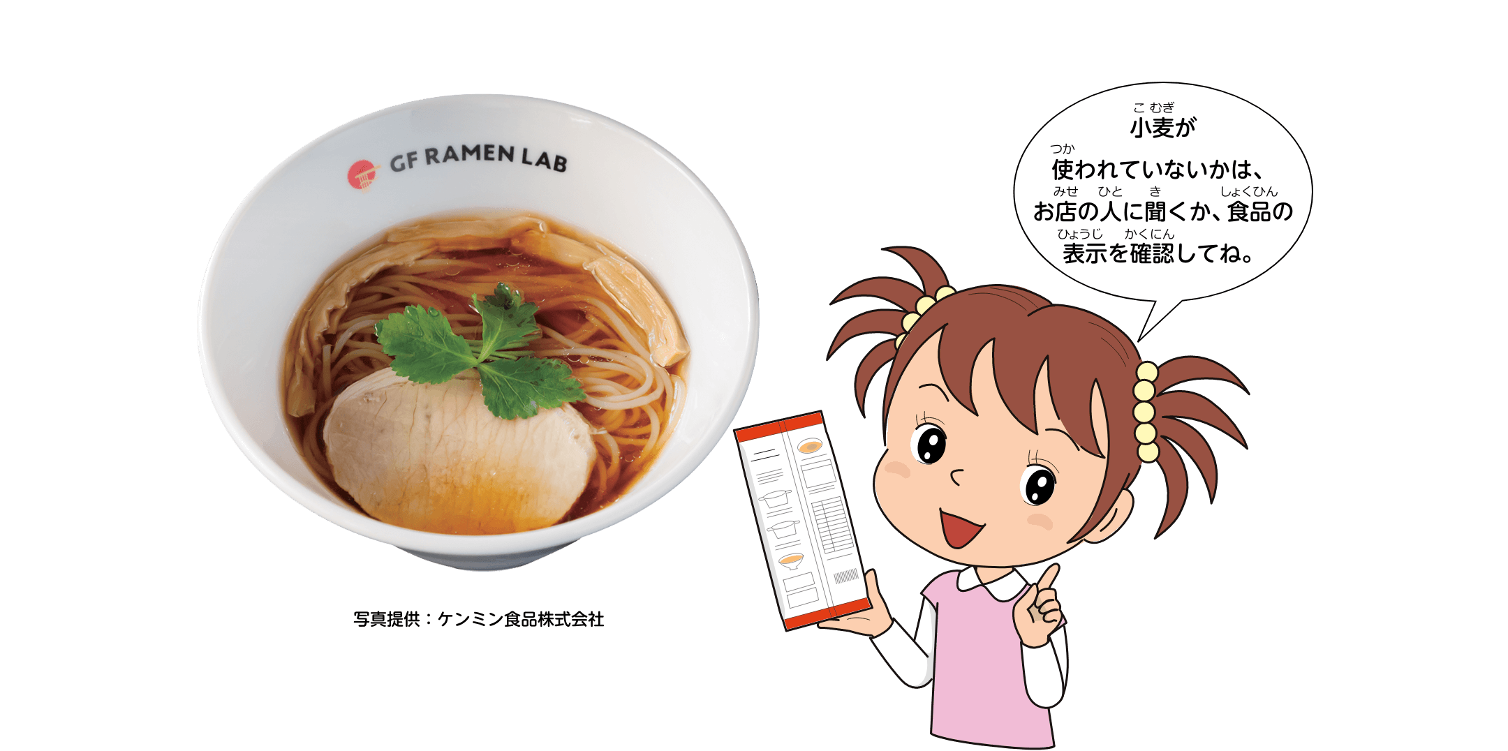 小麦が使われていないかは、お店の人に聞くか、食品の表示を確認してね。