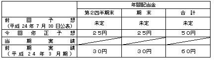 平成２５年３月期配当予想の表