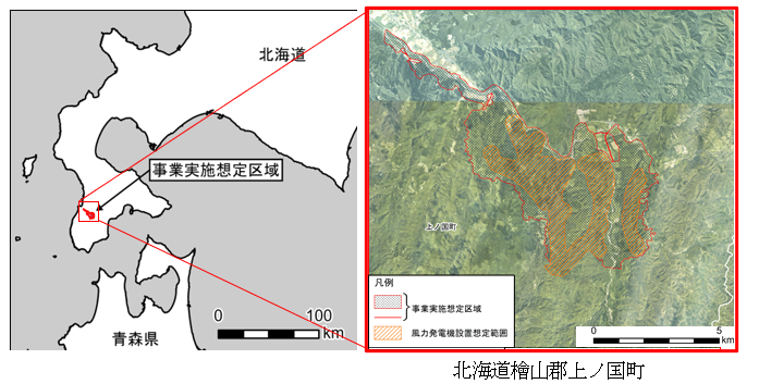 事業実施想定区域（北海道檜山郡上ノ国町）の図