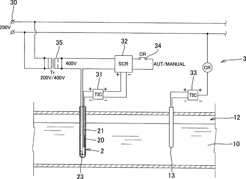 溶湯加熱用浸漬ヒータの出力制御方法、および該出力制御方法に用いる溶湯加熱用浸漬ヒータのイメージ図